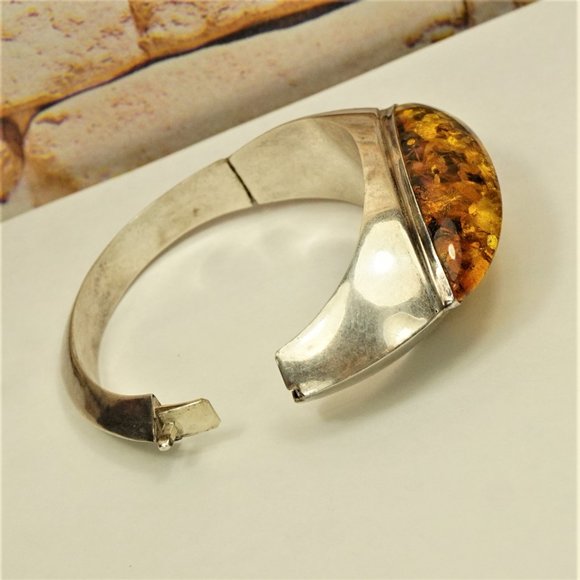 HUGE AMBER 925 SILVER BANGLE BRACELET, RARE TO FIND JEWELRY - Picture 6 of 11